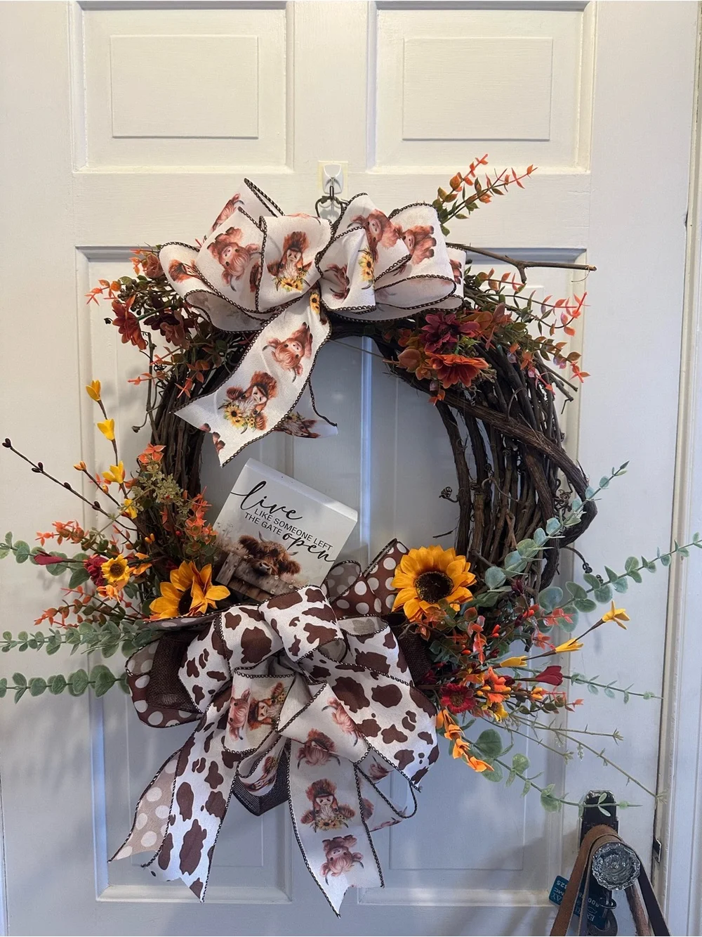 Home Holiday Rustic Sunflower & Cow Print Grapevine Wreath